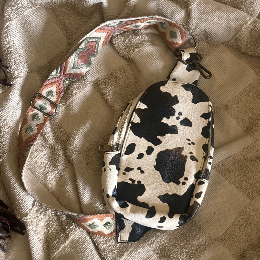 Cow Print Crossbody Belt Bag with Aztec Patterned Strap